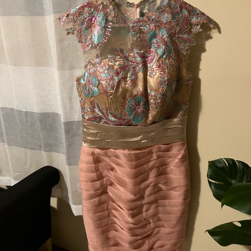 Elegant Blush Dress with Floral Lace and Gold Satin Accents